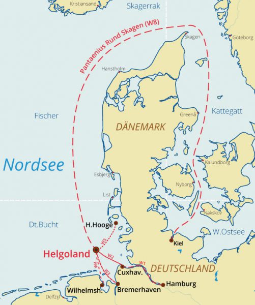 Nordseewoche mit Pantaenius Rund Skagen Wettfahrt Übersichtskarte der Zubringerregatten und Langstrackenregatta